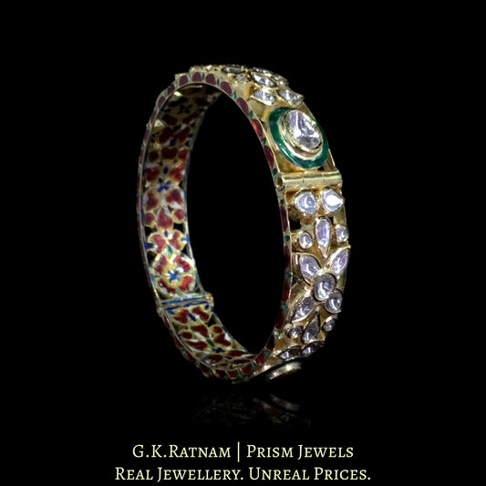 18k Gold and Diamond Polki Bangle with Green Meenakari and Floral Motifs - G. K. Ratnam