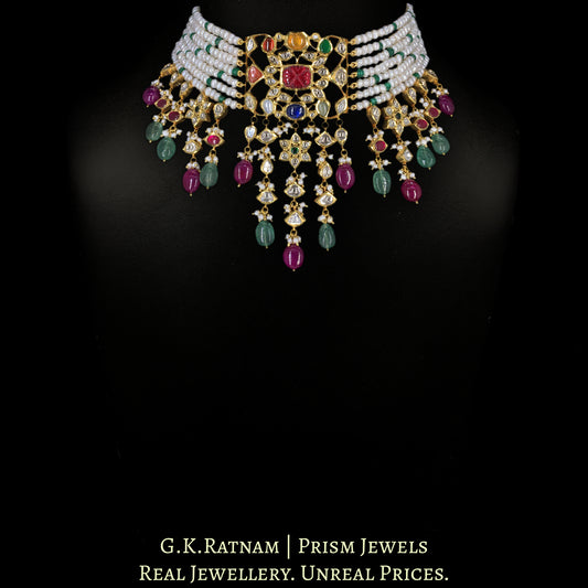 18k Gold and Diamond Polki Navratna Choker Necklace with Hyderabadi Pearls, Beryls and Rubies