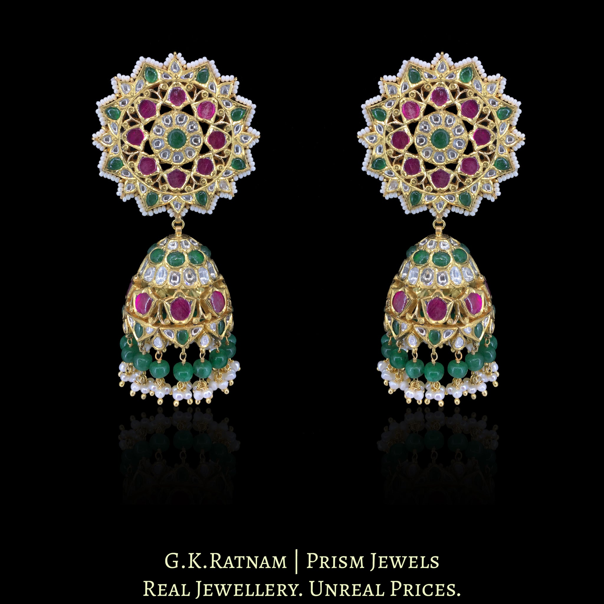 22k Gold and Diamond Polki south-style Jhumki Earring Pair