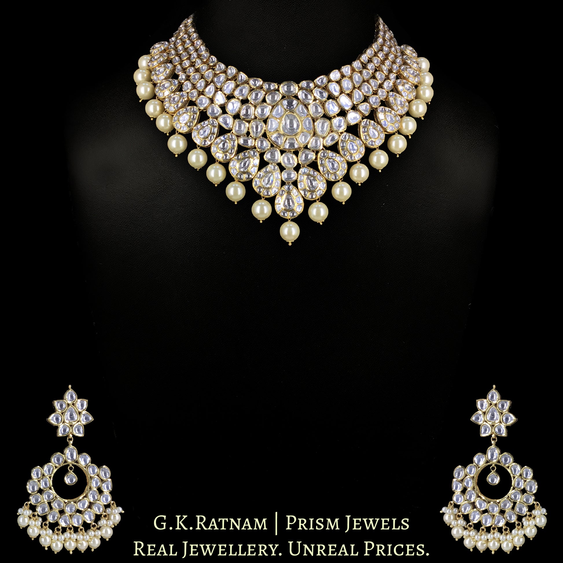 18k Gold and Diamond Polki Necklace Set with Pearls - G. K. Ratnam