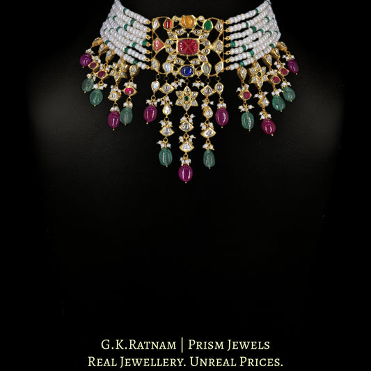 18k Gold and Diamond Polki Navratna Choker Necklace with Hyderabadi Pearls, Beryls and Rubies