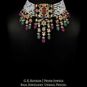 18k Gold and Diamond Polki Navratna Choker Necklace with Hyderabadi Pearls, Beryls and Rubies