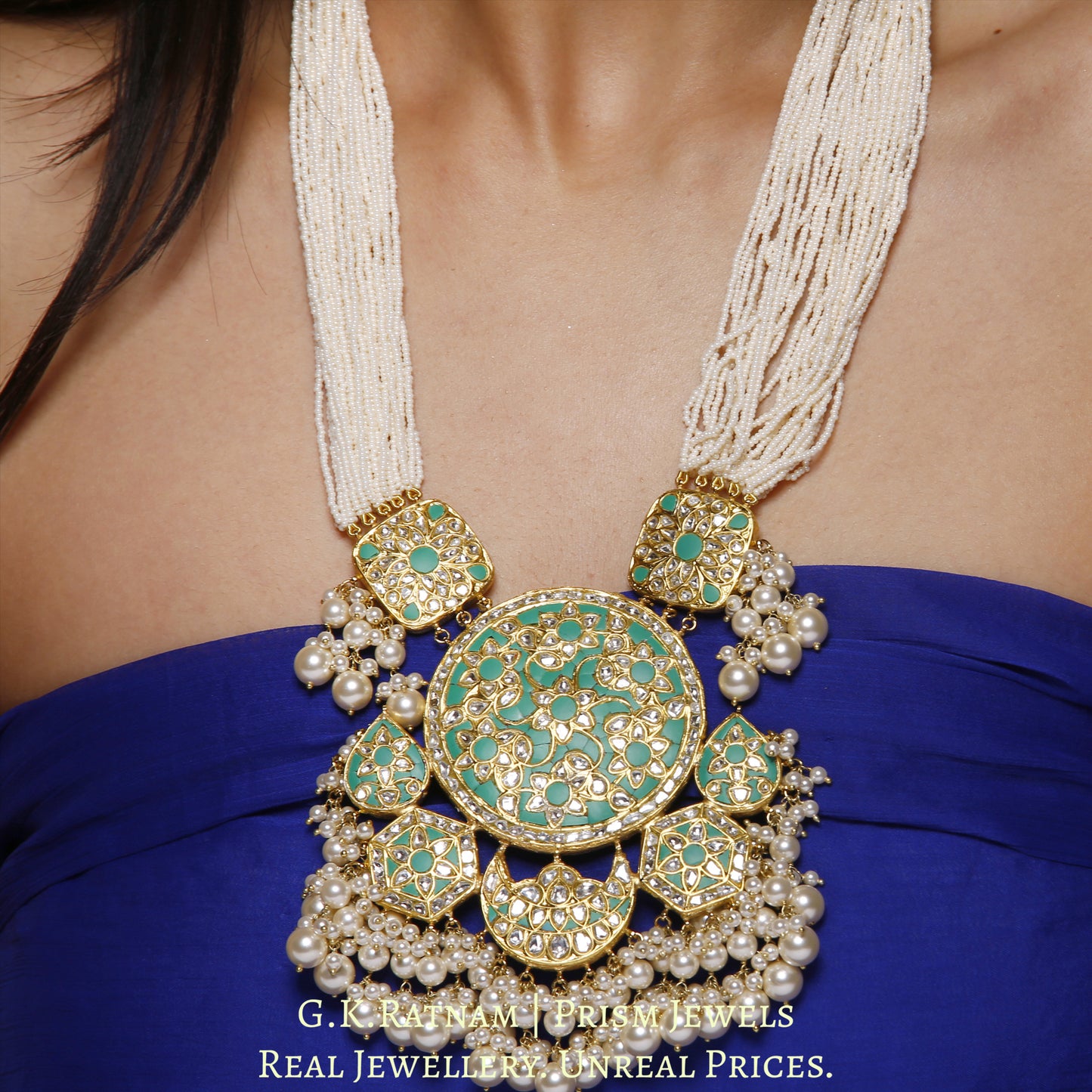 23k Gold and Diamond Polki Turquoise Hybrid Pendant Set with tiny chid pearl bunches
