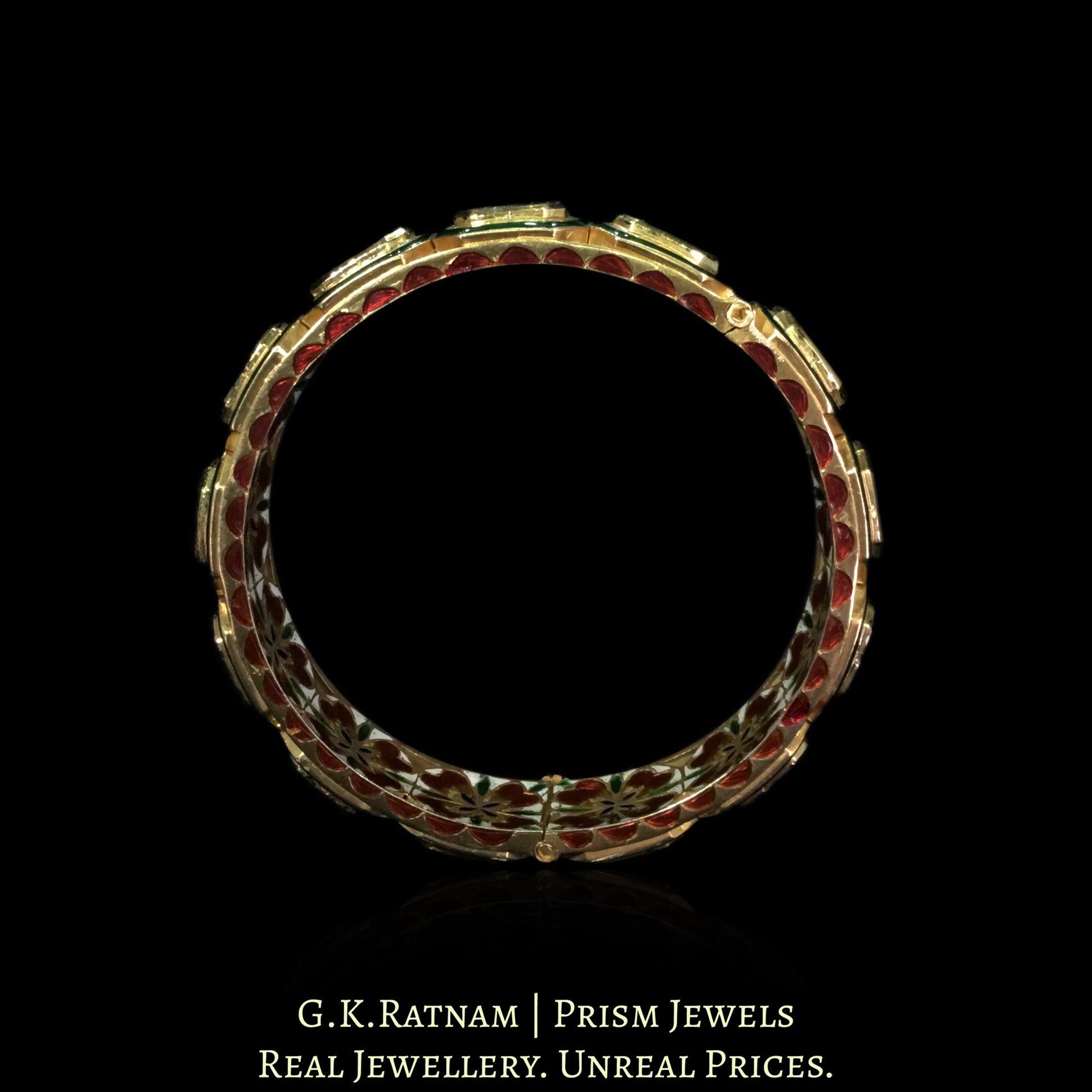18k Gold and Diamond Polki Bangle with Green Meenakari and Floral Motifs - G. K. Ratnam