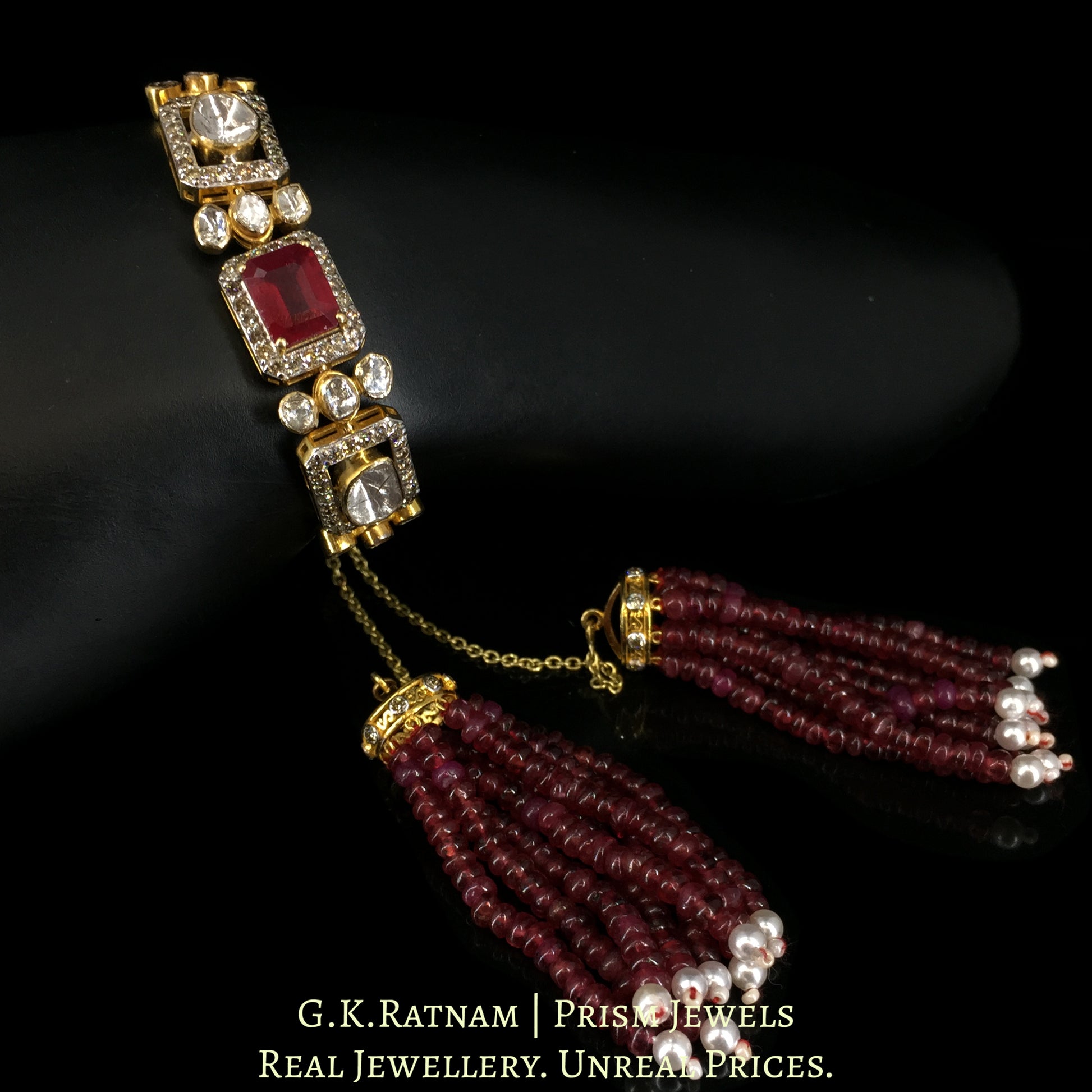 18k Gold and Diamond Polki Open Setting Chain Bracelet with Rubies - G. K. Ratnam