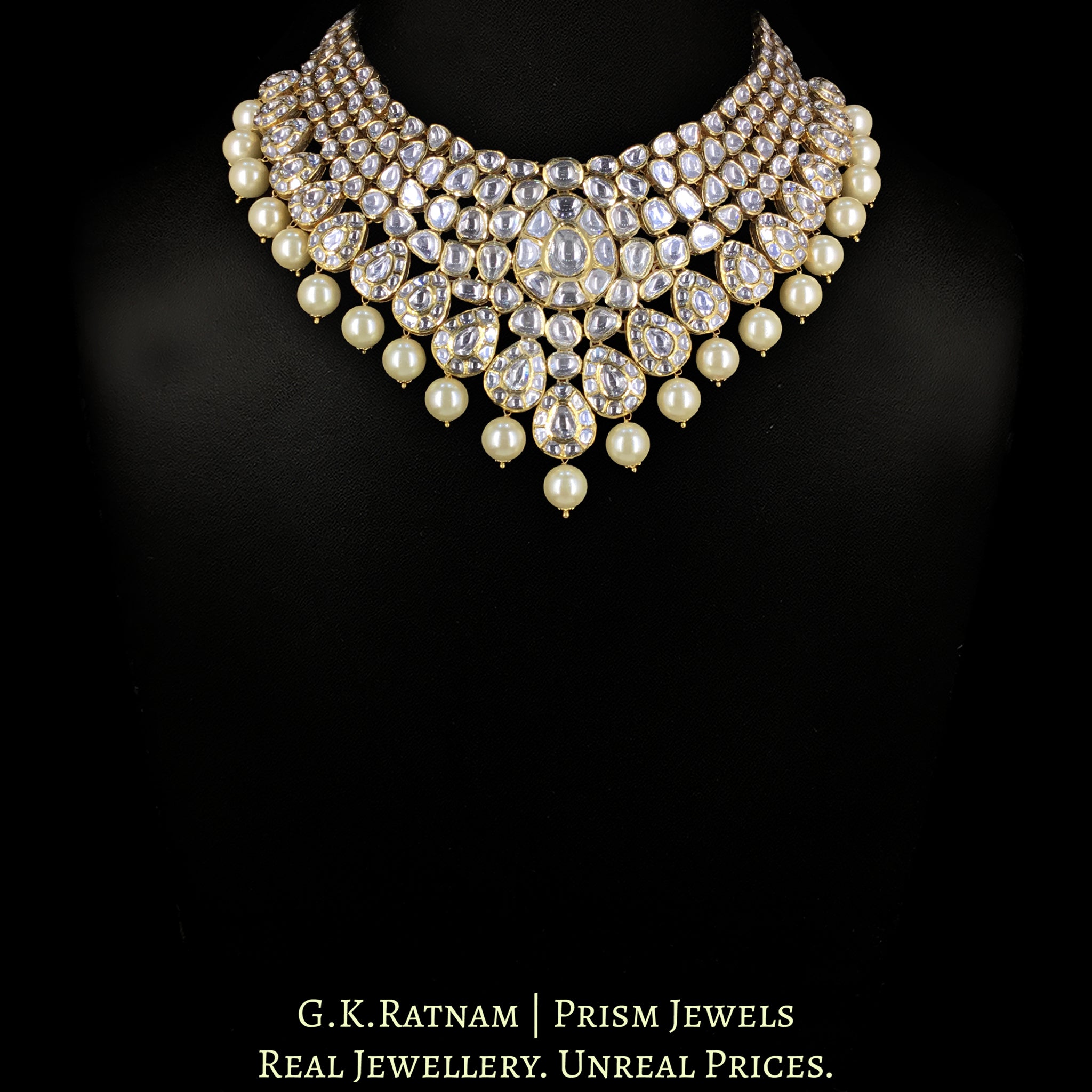 18k Gold and Diamond Polki Necklace Set with Pearls