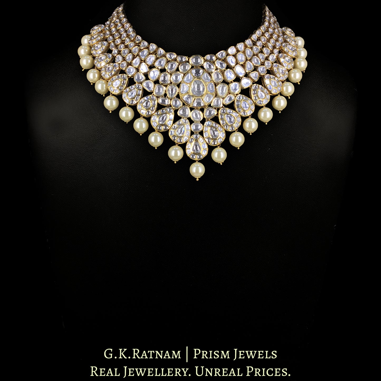18k Gold and Diamond Polki Necklace Set with Pearls - G. K. Ratnam