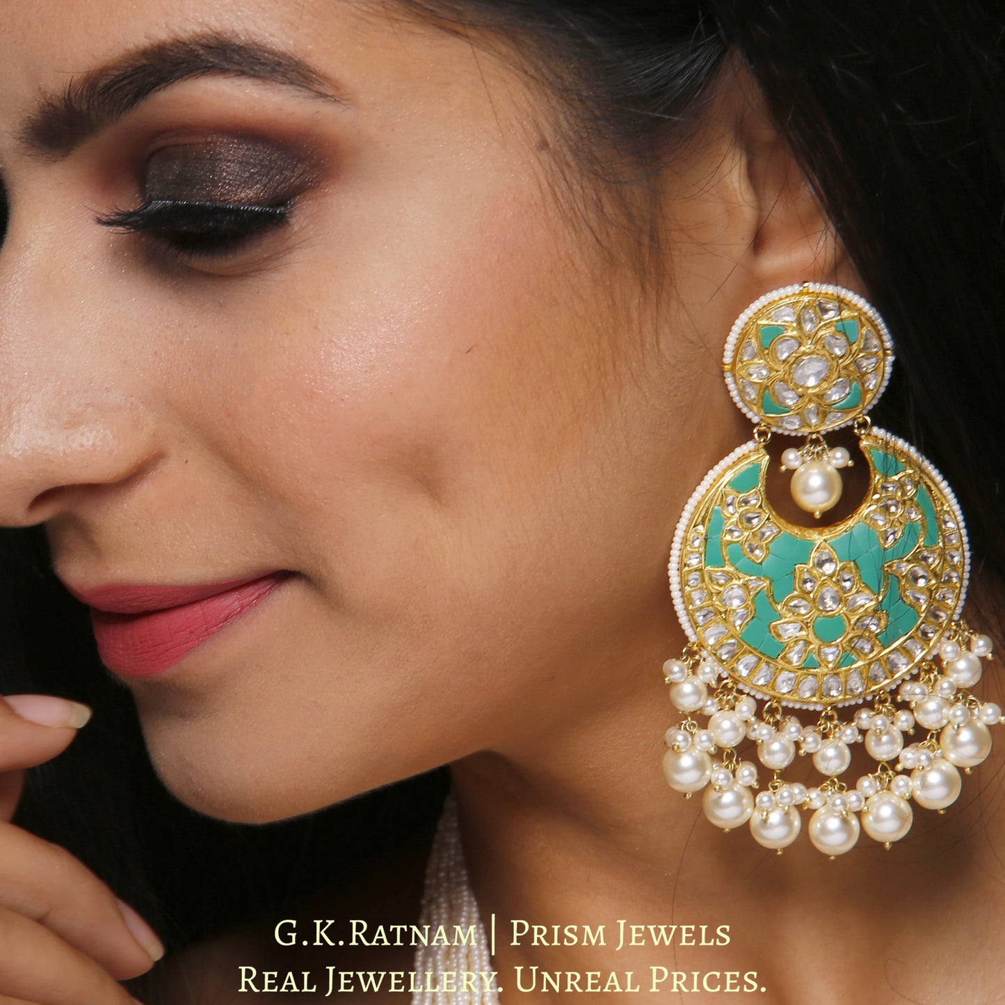 23k Gold and Diamond Polki Turquoise Hybrid Pendant Set with tiny chid pearl bunches