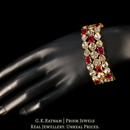 18k Gold and Diamond Polki Open Setting Bracelet with ruby-red Stones