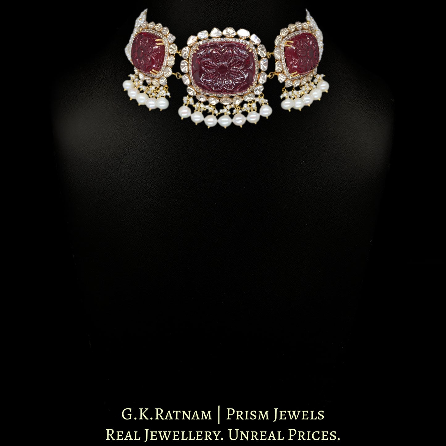 14k Gold and Diamond Polki Open Setting Choker Necklace Set with carved Ruby-like center