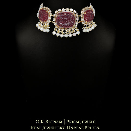 14k Gold and Diamond Polki Open Setting Choker Necklace Set with carved Ruby-like center