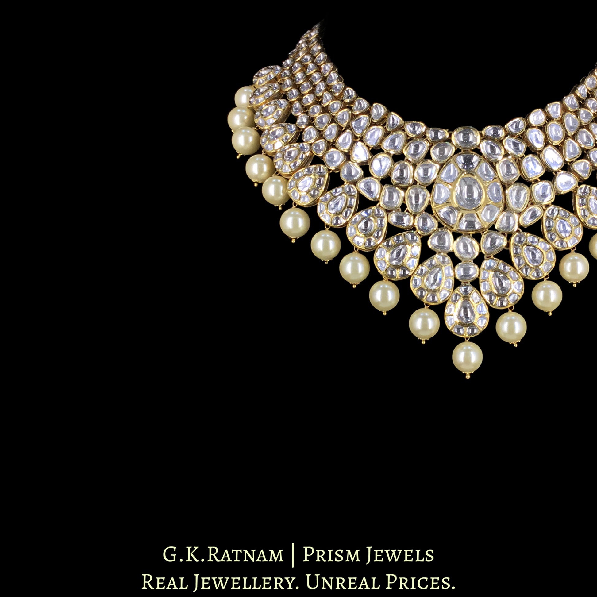 18k Gold and Diamond Polki Necklace Set with Pearls - G. K. Ratnam