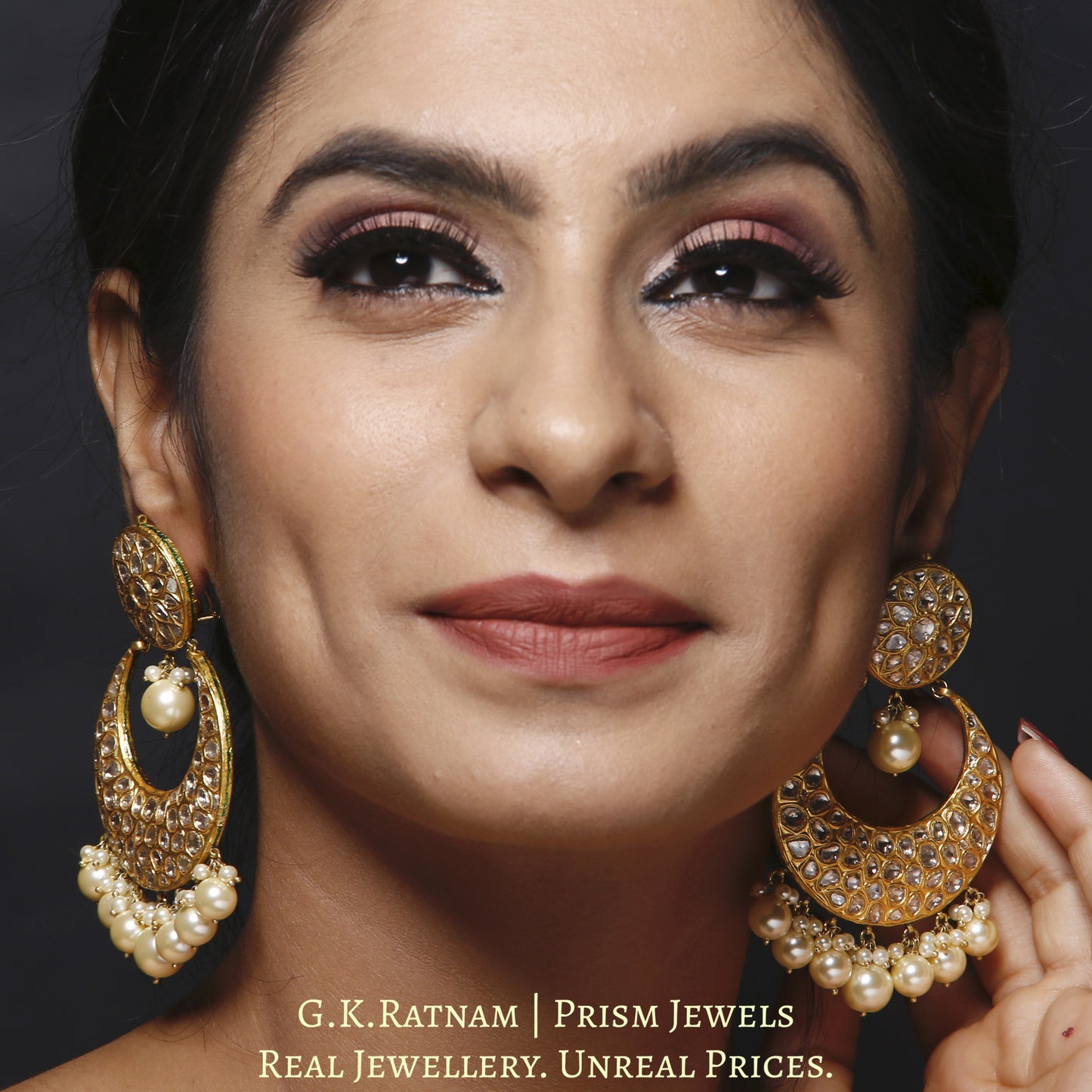 23k Gold and Diamond Polki broad Chand Bali Earring pair with honeycomb-like uncut pattern