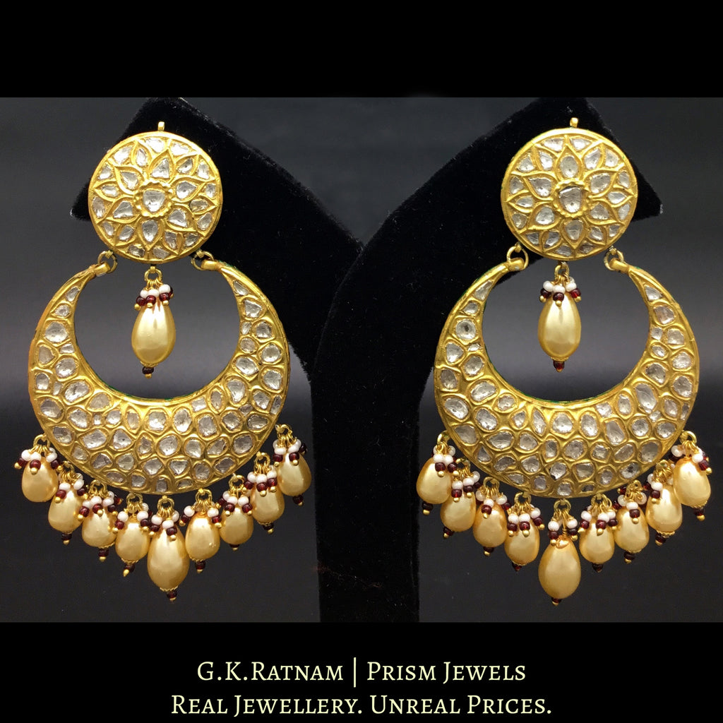 23k Gold and Diamond Polki broad Chand Bali Earring pair with honeycomb-like uncut pattern