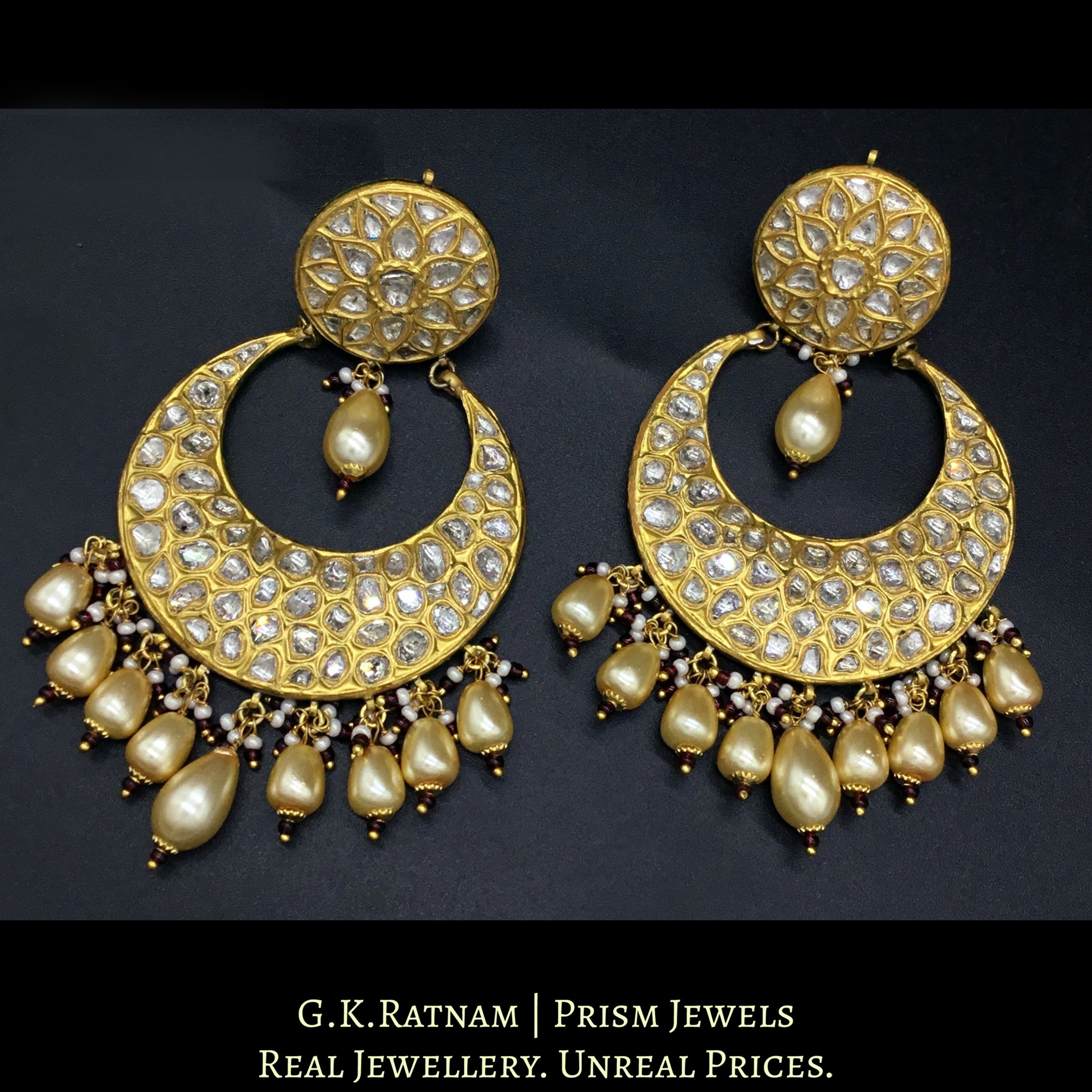 23k Gold and Diamond Polki broad Chand Bali Earring pair with honeycomb-like uncut pattern