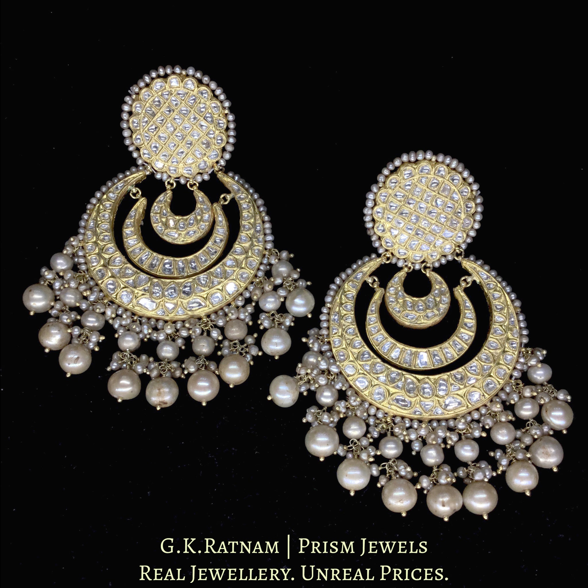 23k Gold and Diamond Polki multi-tier Chand Bali Earring Pair with Antiqued Hyderabadi Pearls
