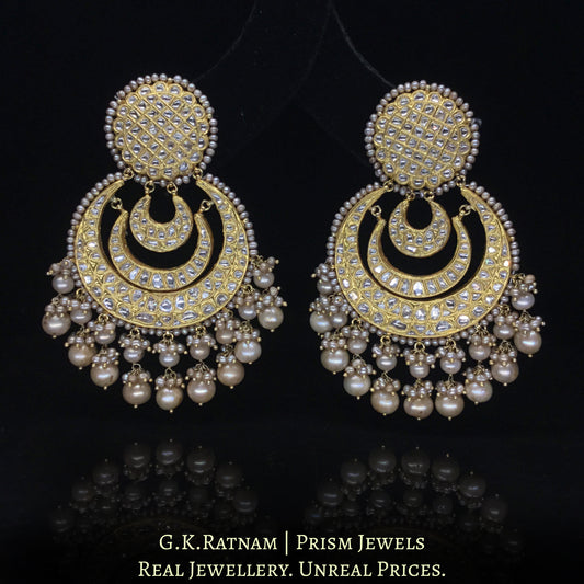 23k Gold and Diamond Polki multi-tier Chand Bali Earring Pair with Antiqued Hyderabadi Pearls