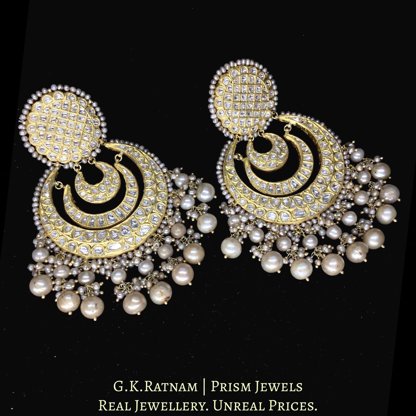 23k Gold and Diamond Polki multi-tier Chand Bali Earring Pair with Antiqued Hyderabadi Pearls
