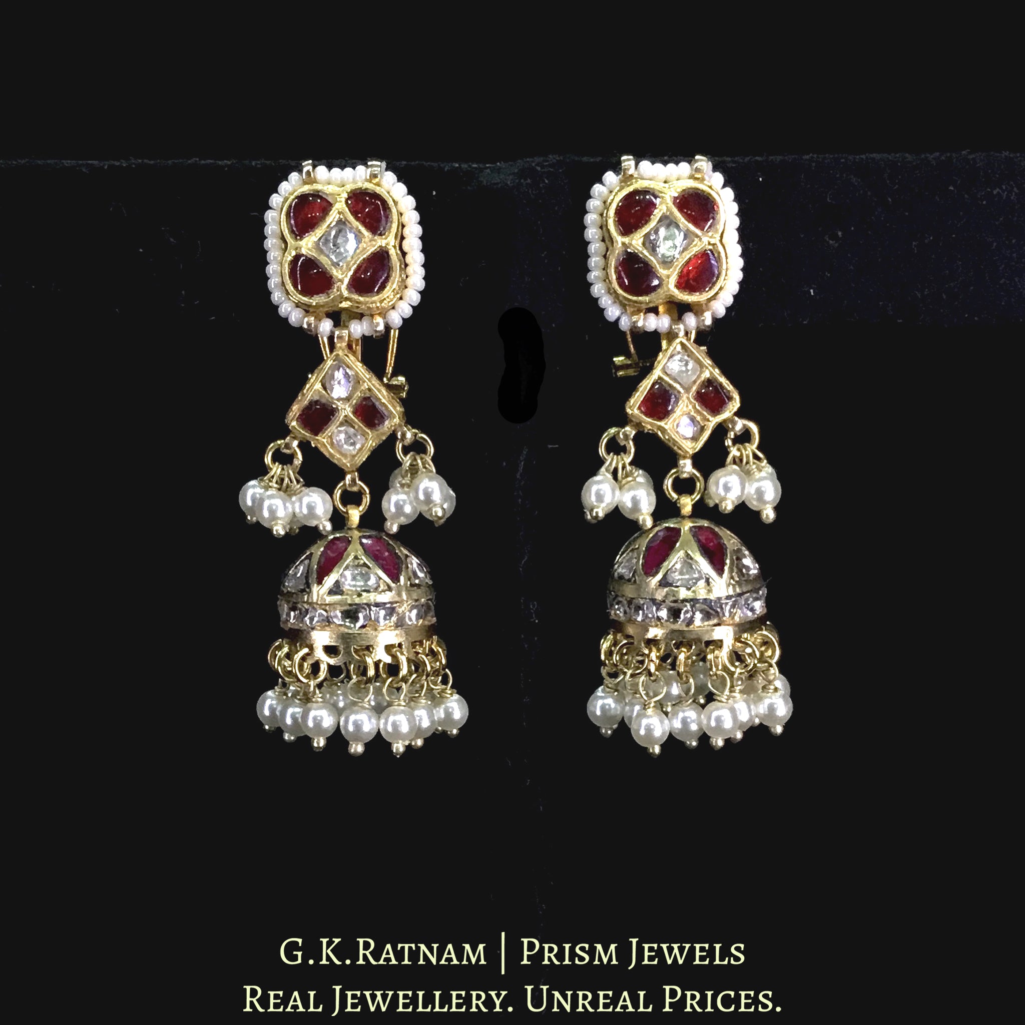 23k Gold and Diamond Polki Small Red Jhumki Earring Pair