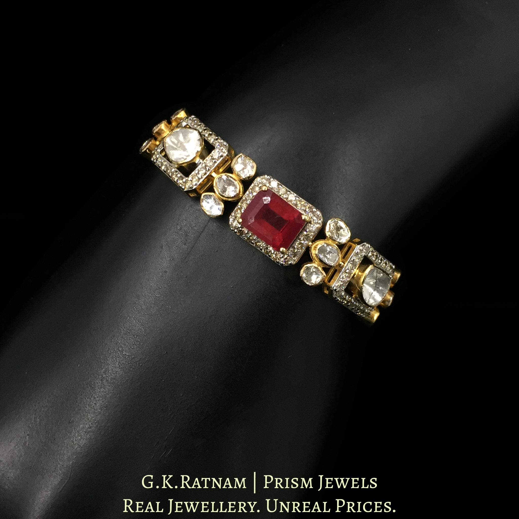 18k Gold and Diamond Polki Open Setting Chain Bracelet with Rubies