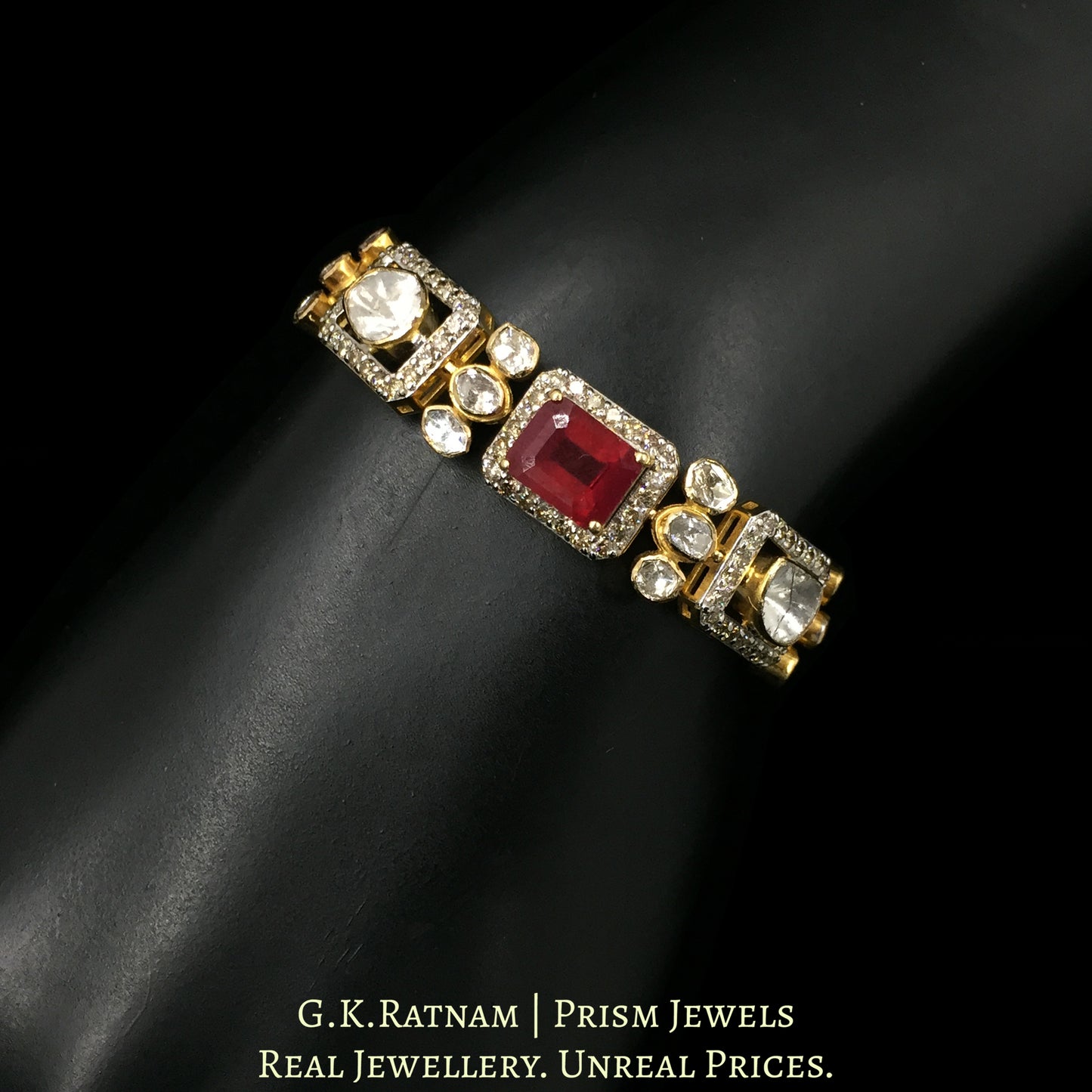 18k Gold and Diamond Polki Open Setting Chain Bracelet with Rubies - G. K. Ratnam