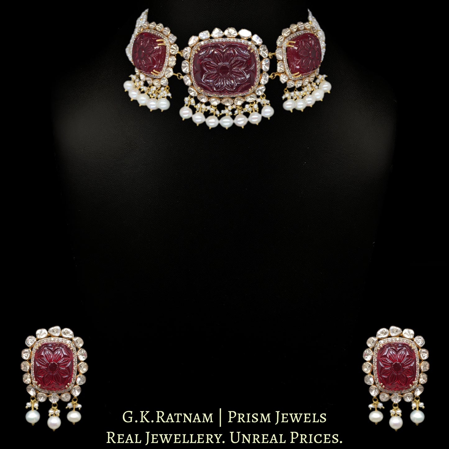 14k Gold and Diamond Polki Open Setting Choker Necklace Set with carved Ruby-like center