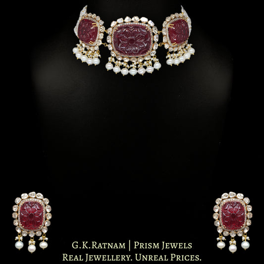 14k Gold and Diamond Polki Open Setting Choker Necklace Set with carved Ruby-like center