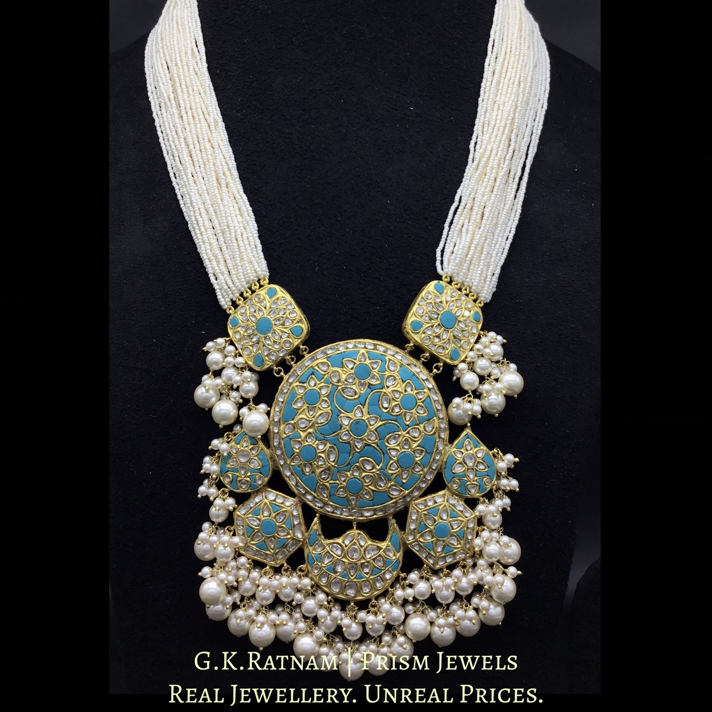 23k Gold and Diamond Polki Turquoise Hybrid Pendant Set with tiny chid pearl bunches