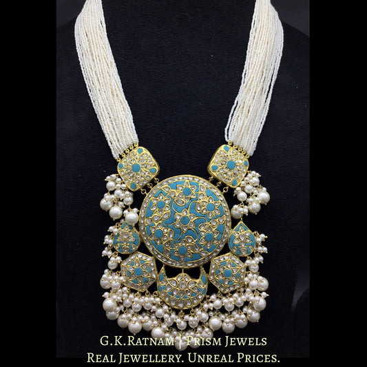 23k Gold and Diamond Polki Turquoise Hybrid Pendant Set with tiny chid pearl bunches