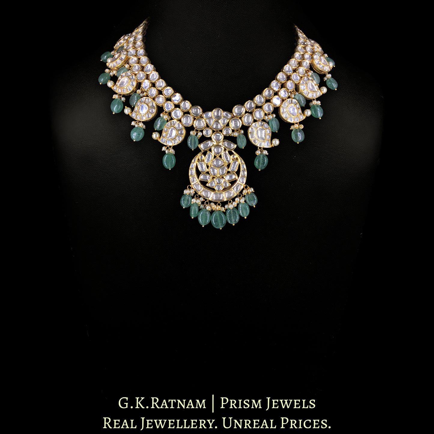 18k Gold And Diamond Polki Necklace Set With Strawberry Quartz - G. K. Ratnam