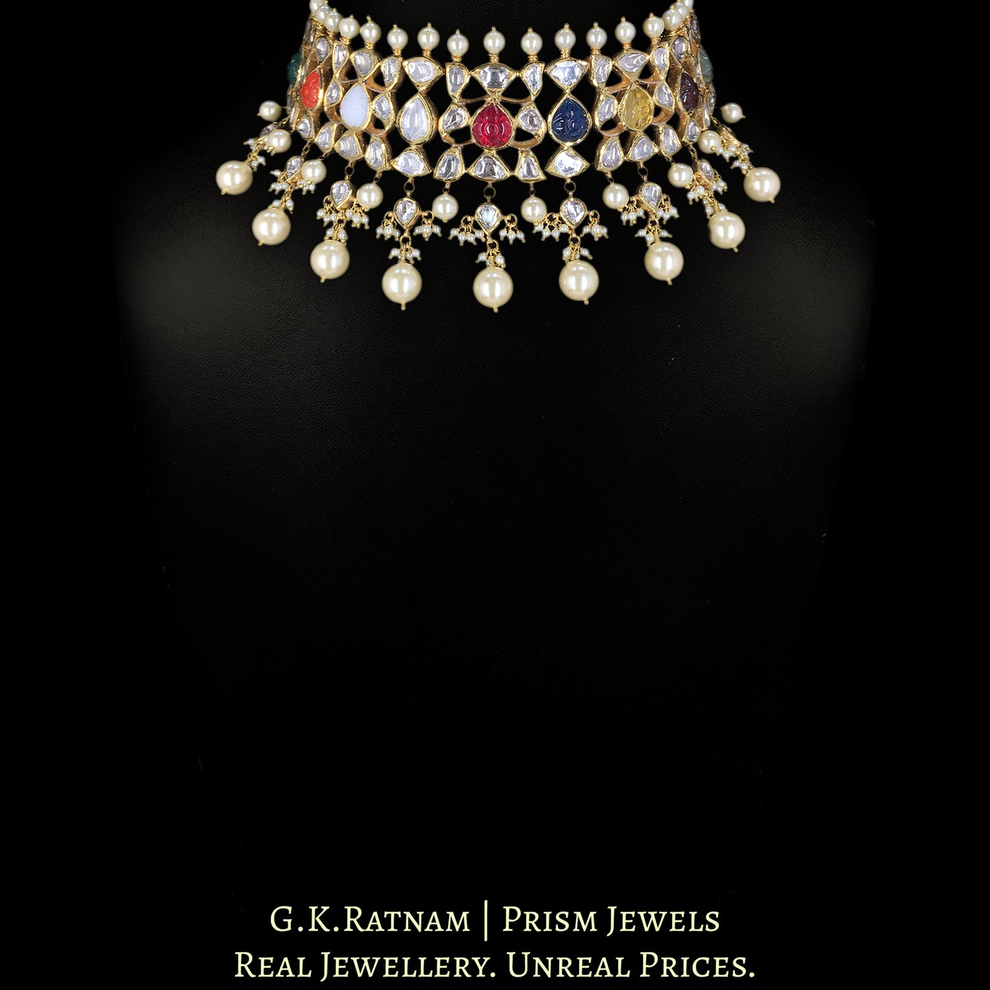 18k Gold and Diamond Polki Navratna Choker Necklace Set