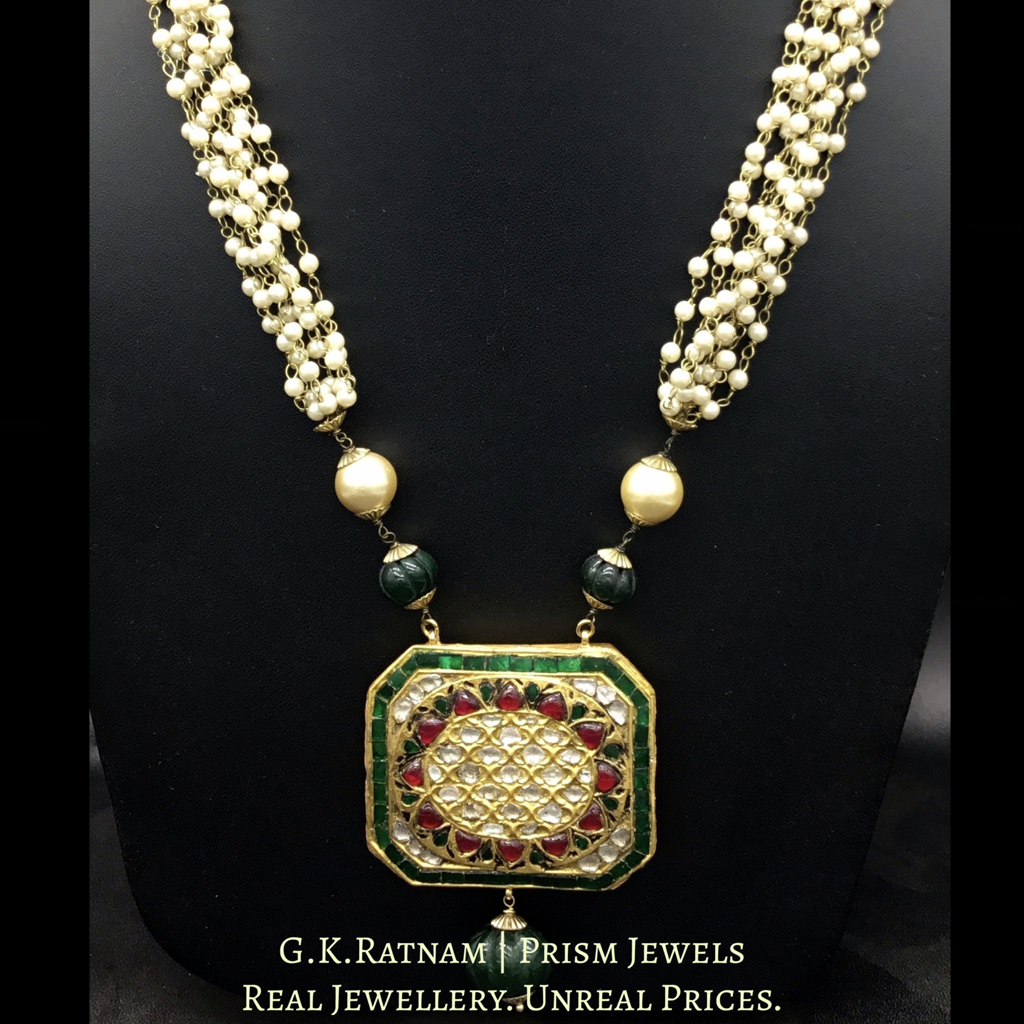 23k Gold and Diamond Polki octagonal colorful Pendant with Pearl Chains