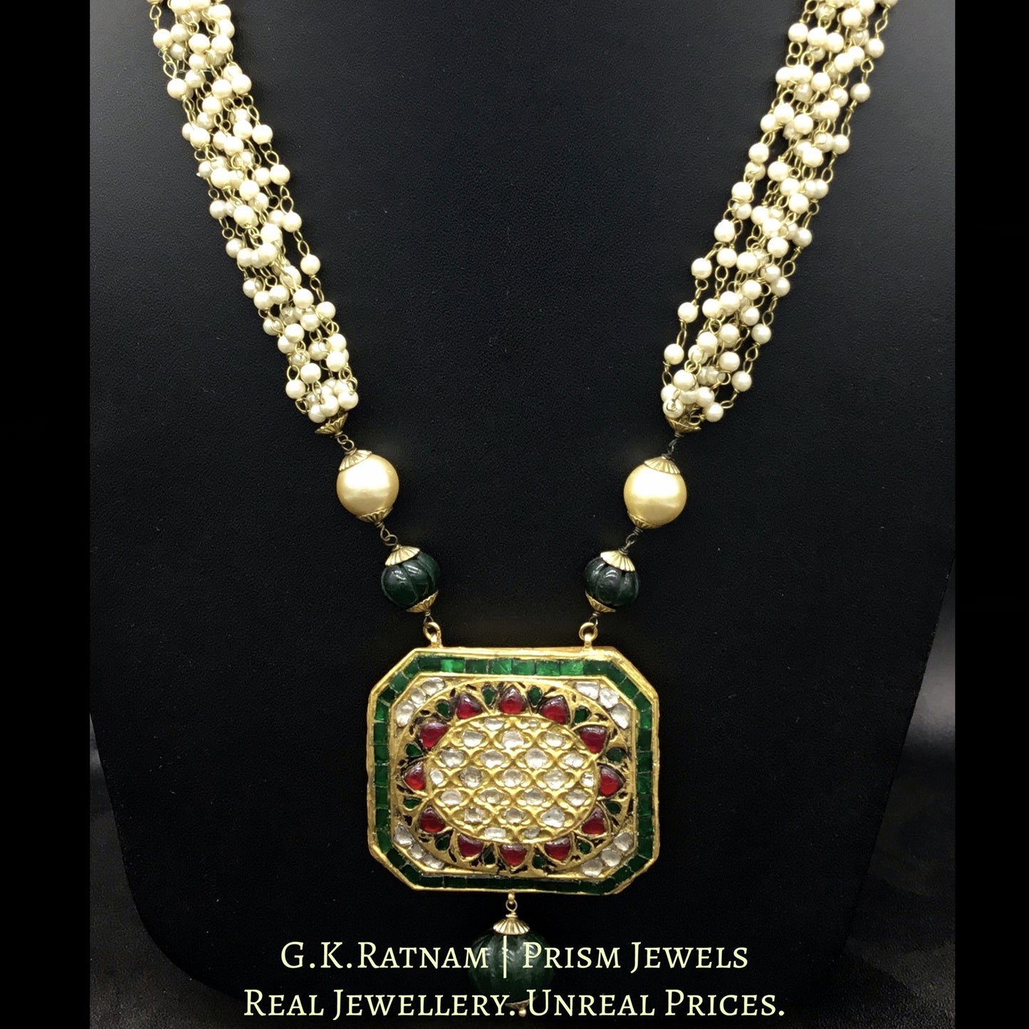 23k Gold and Diamond Polki octagonal colorful Pendant with Pearl Chains