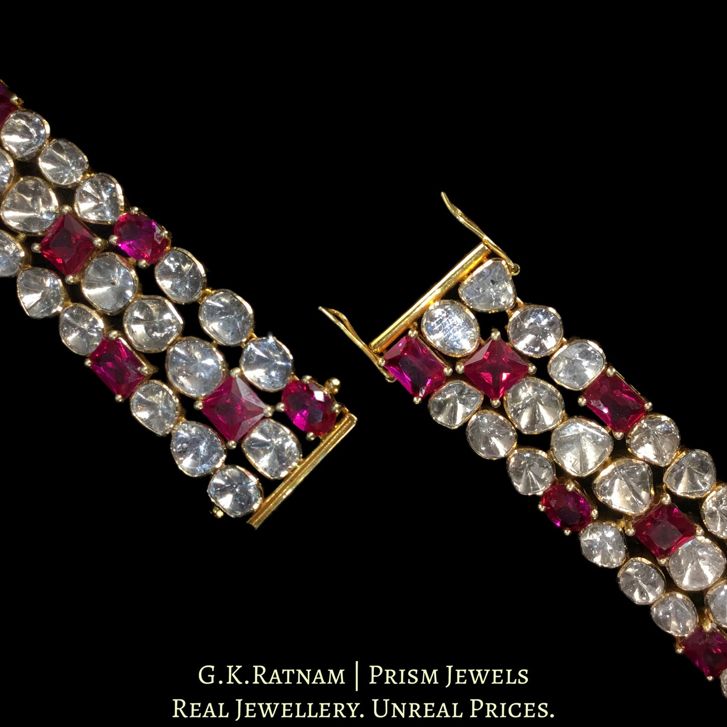 18k Gold and Diamond Polki Open Setting Bracelet with ruby-red Stones