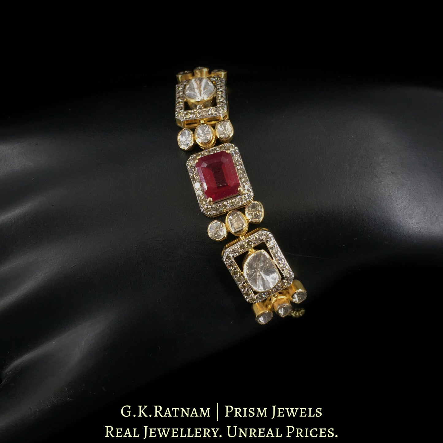 18k Gold and Diamond Polki Open Setting Chain Bracelet with Rubies - G. K. Ratnam