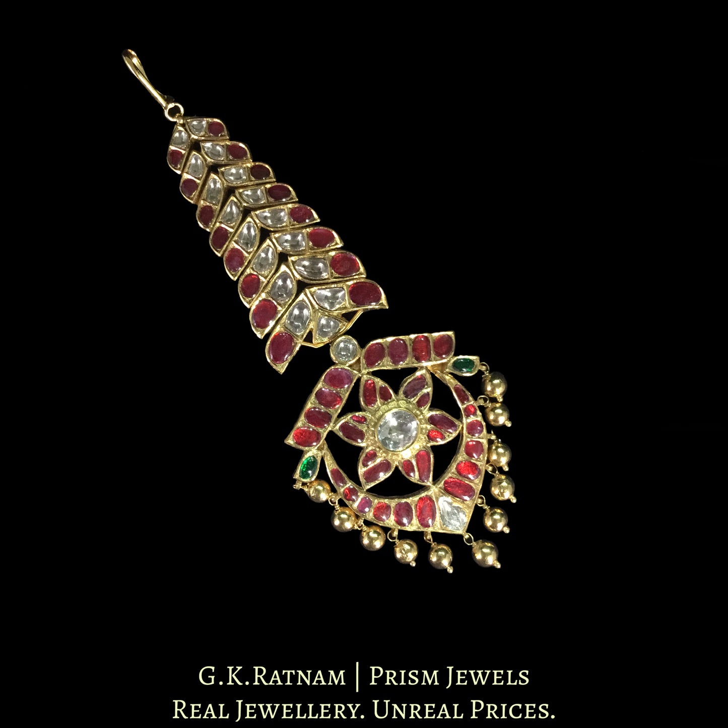 18k Gold and Diamond Polki south-style Maang Tika enhanced with Kolhapuri Gold Balls - G. K. Ratnam
