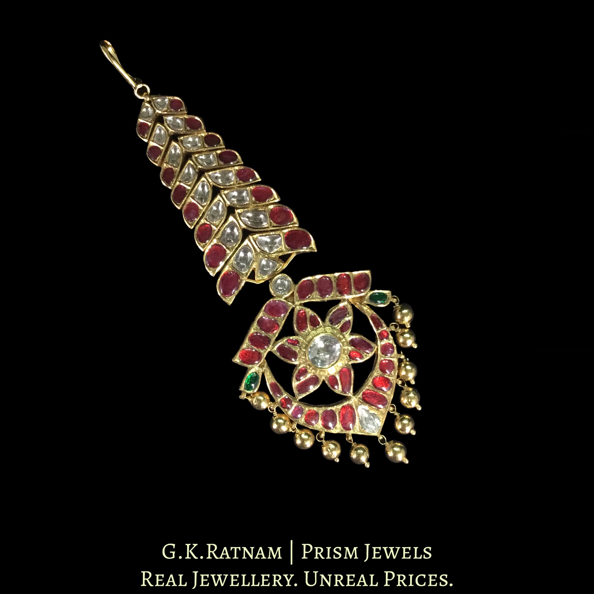 18k Gold and Diamond Polki south-style Maang Tika enhanced with Kolhapuri Gold Balls - G. K. Ratnam