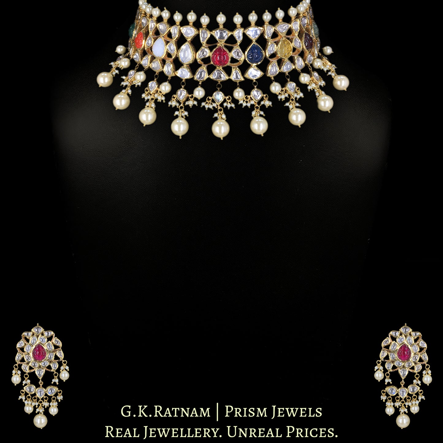18k Gold and Diamond Polki Navratna Choker Necklace Set
