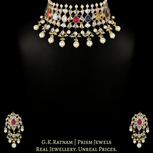 18k Gold and Diamond Polki Navratna Choker Necklace Set