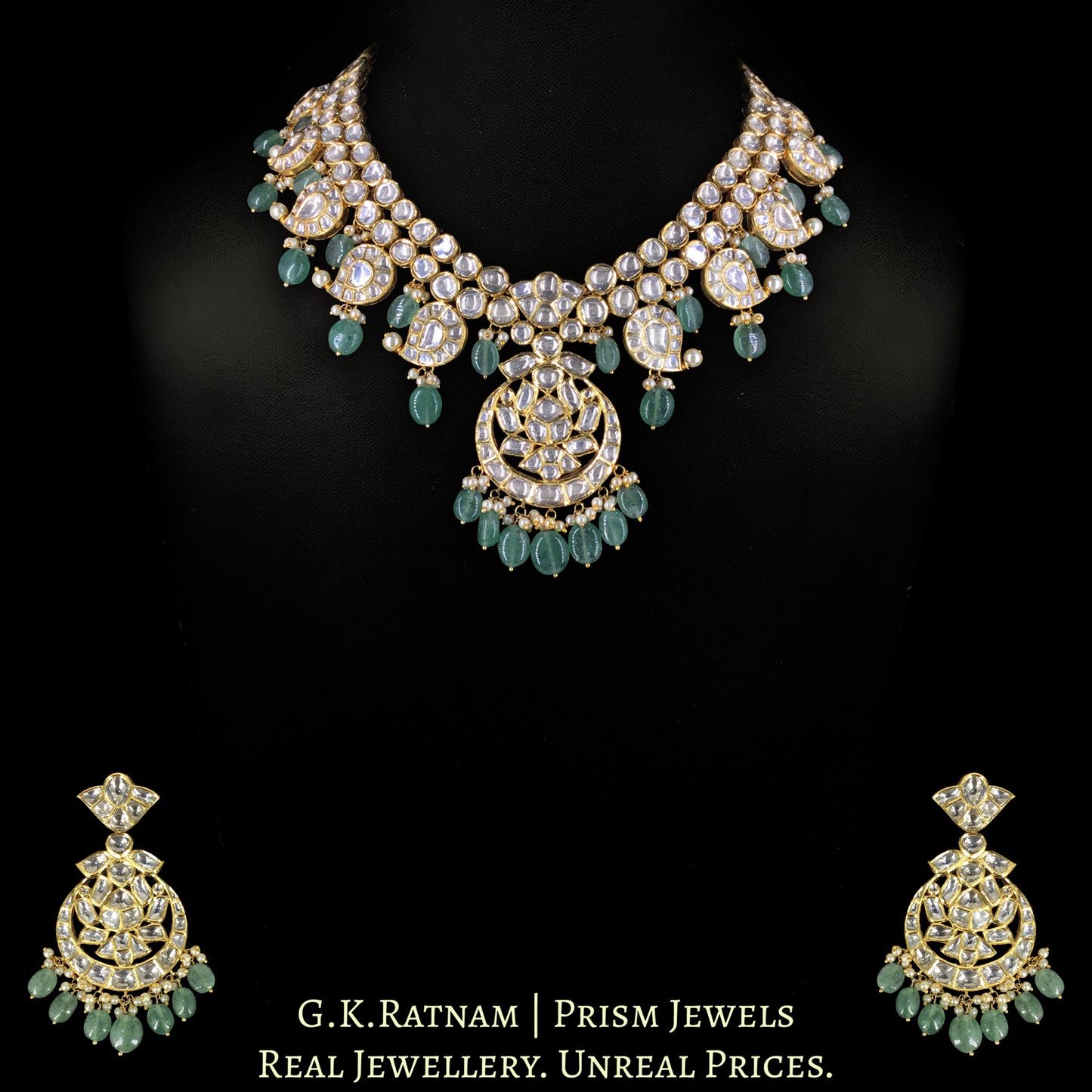 18k Gold And Diamond Polki Necklace Set With Strawberry Quartz - G. K. Ratnam