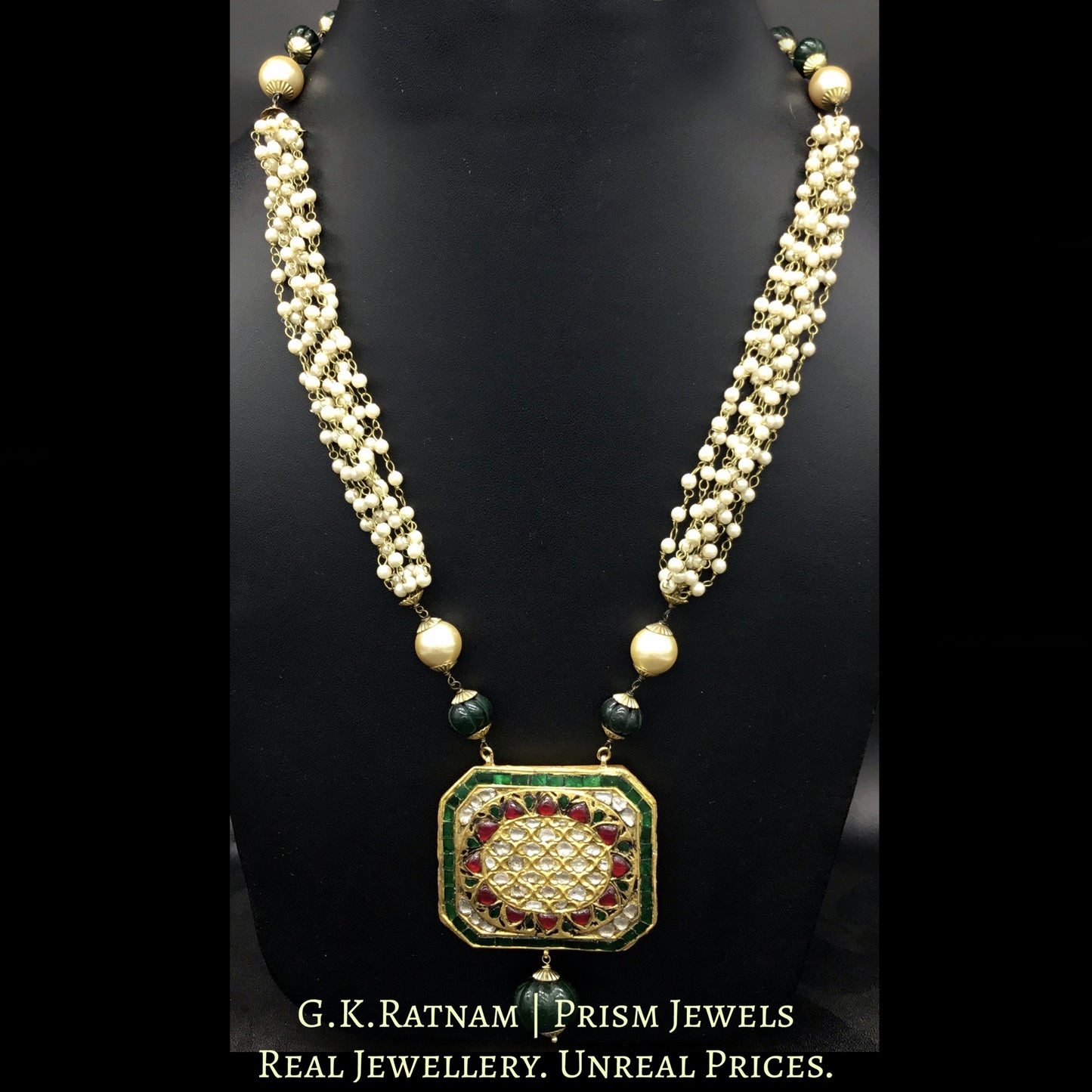 23k Gold and Diamond Polki octagonal colorful Pendant with Pearl Chains