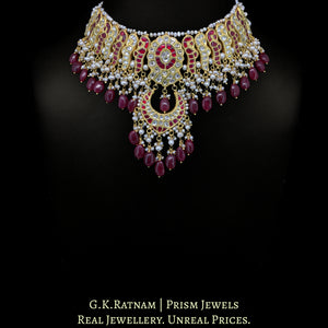 23k Gold and Diamond Polki Choker Necklace Set enhanced with Rubies and Antiqued Freshwater Pearls