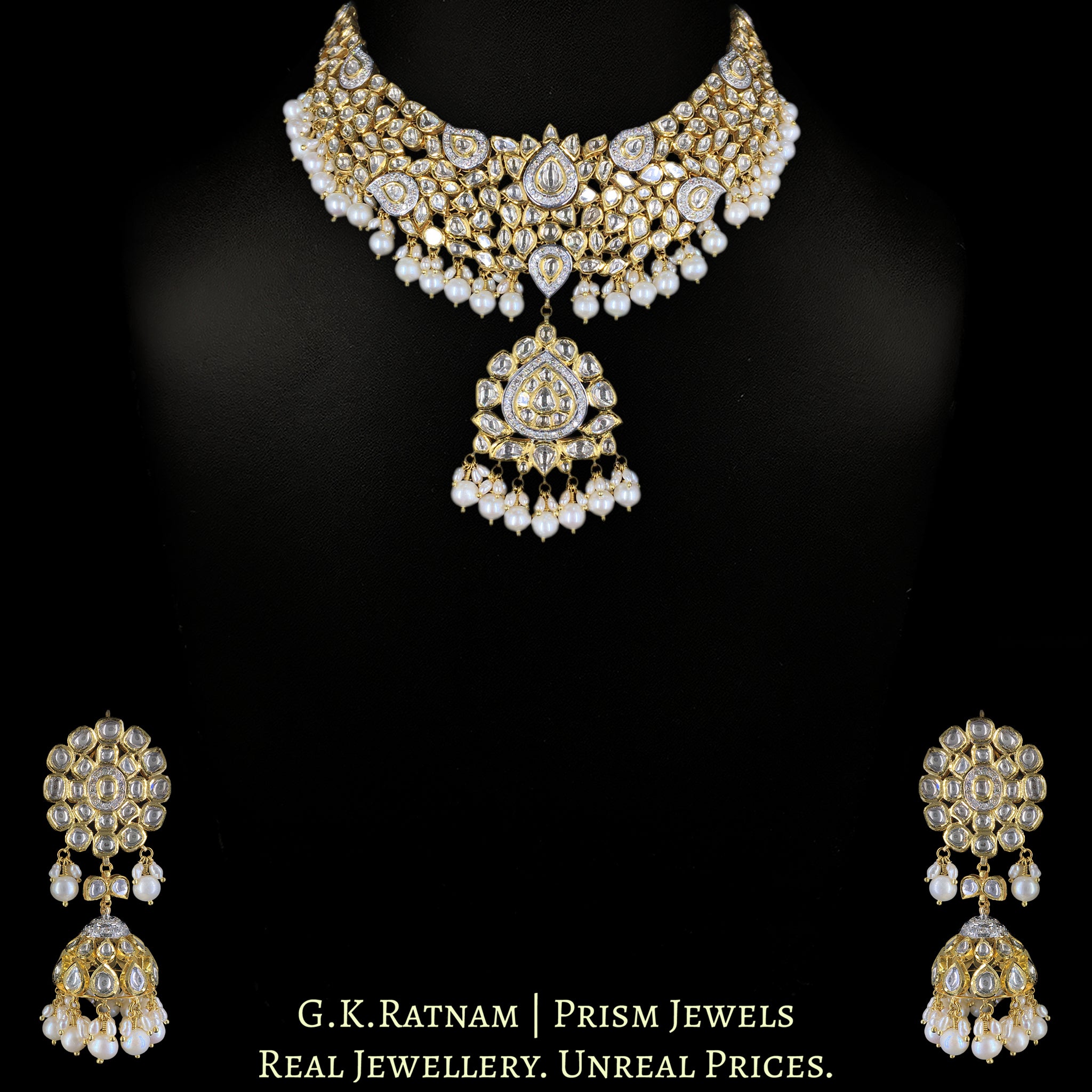 18k Gold And Diamond Polki Fusion Necklace Set enhanced with Natural Freshwater Pearls