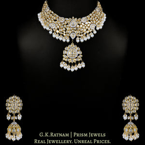 18k Gold And Diamond Polki Fusion Necklace Set enhanced with Natural Freshwater Pearls