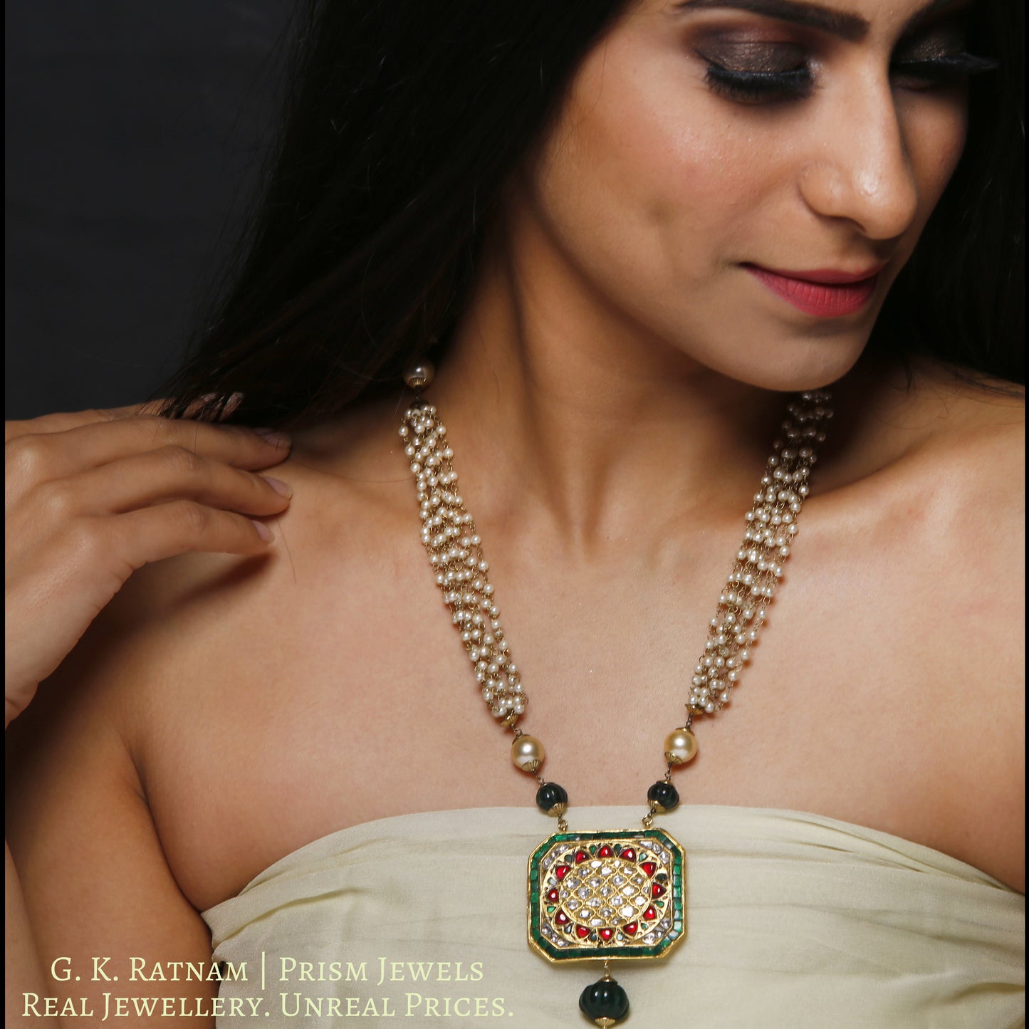 23k Gold and Diamond Polki octagonal colorful Pendant with Pearl Chains
