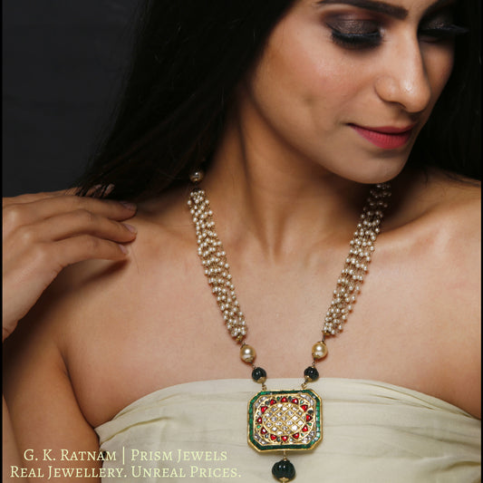 23k Gold and Diamond Polki octagonal colorful Pendant with Pearl Chains
