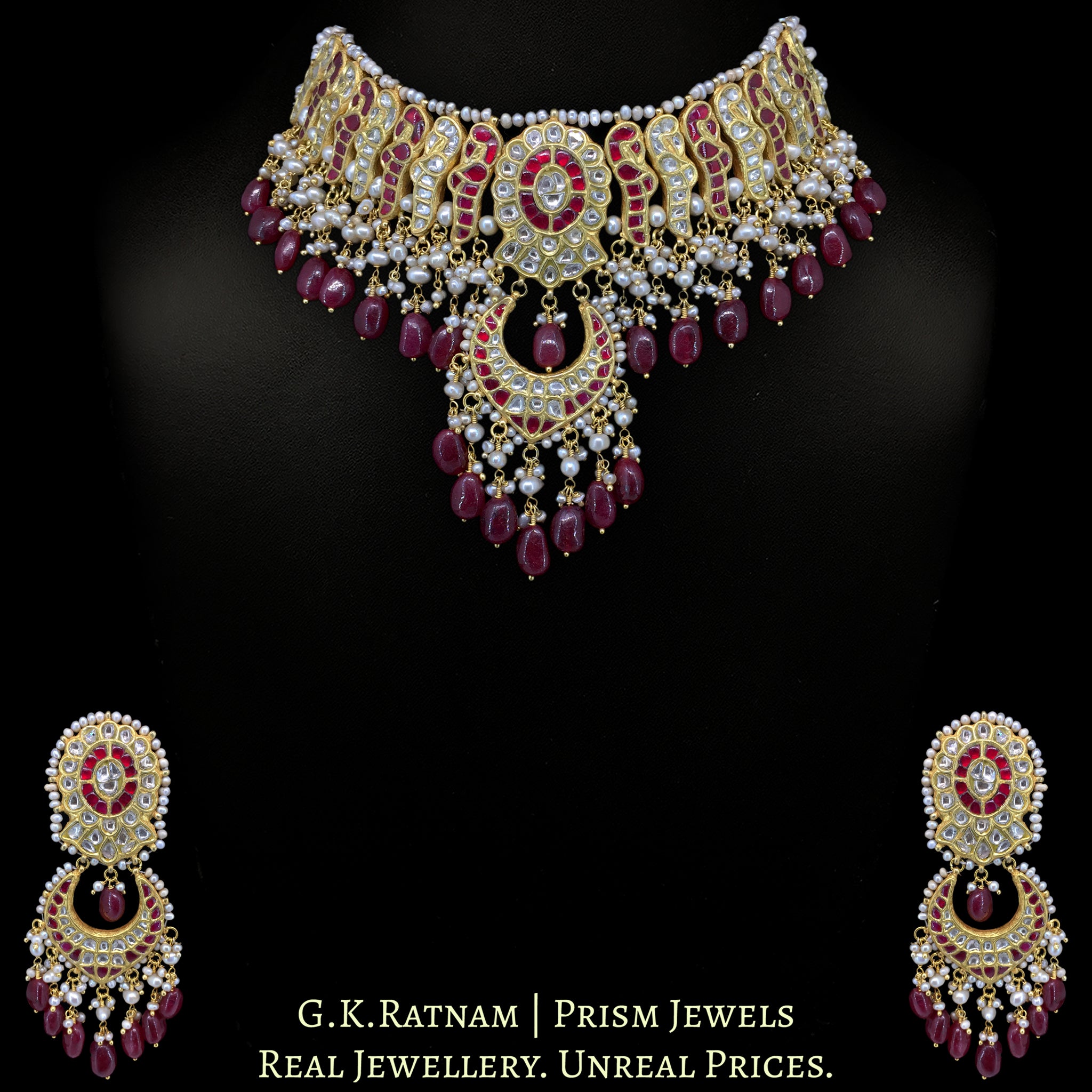 23k Gold and Diamond Polki Choker Necklace Set enhanced with Rubies and Antiqued Freshwater Pearls