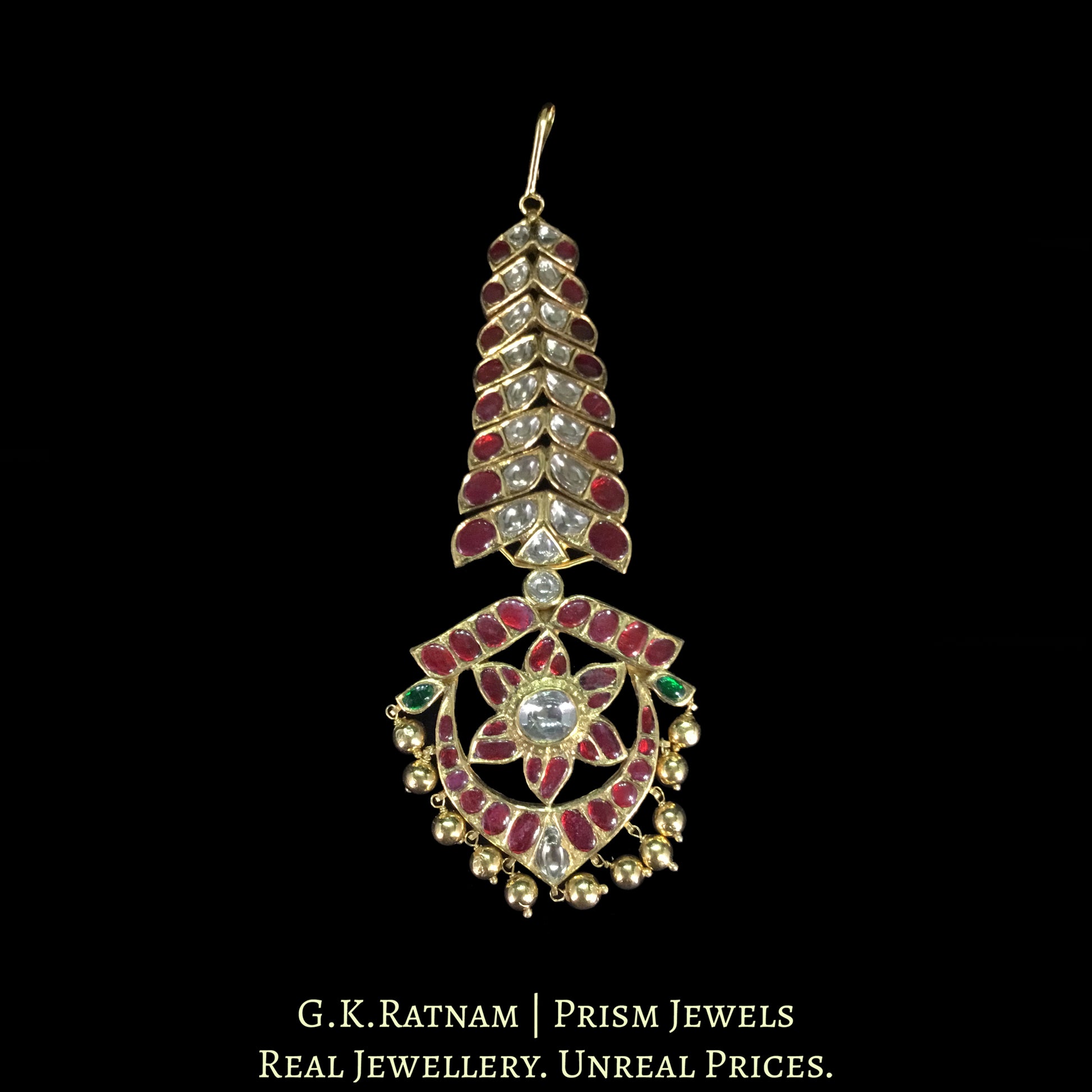 18k Gold and Diamond Polki south-style Maang Tika enhanced with Kolhapuri Gold Balls - G. K. Ratnam