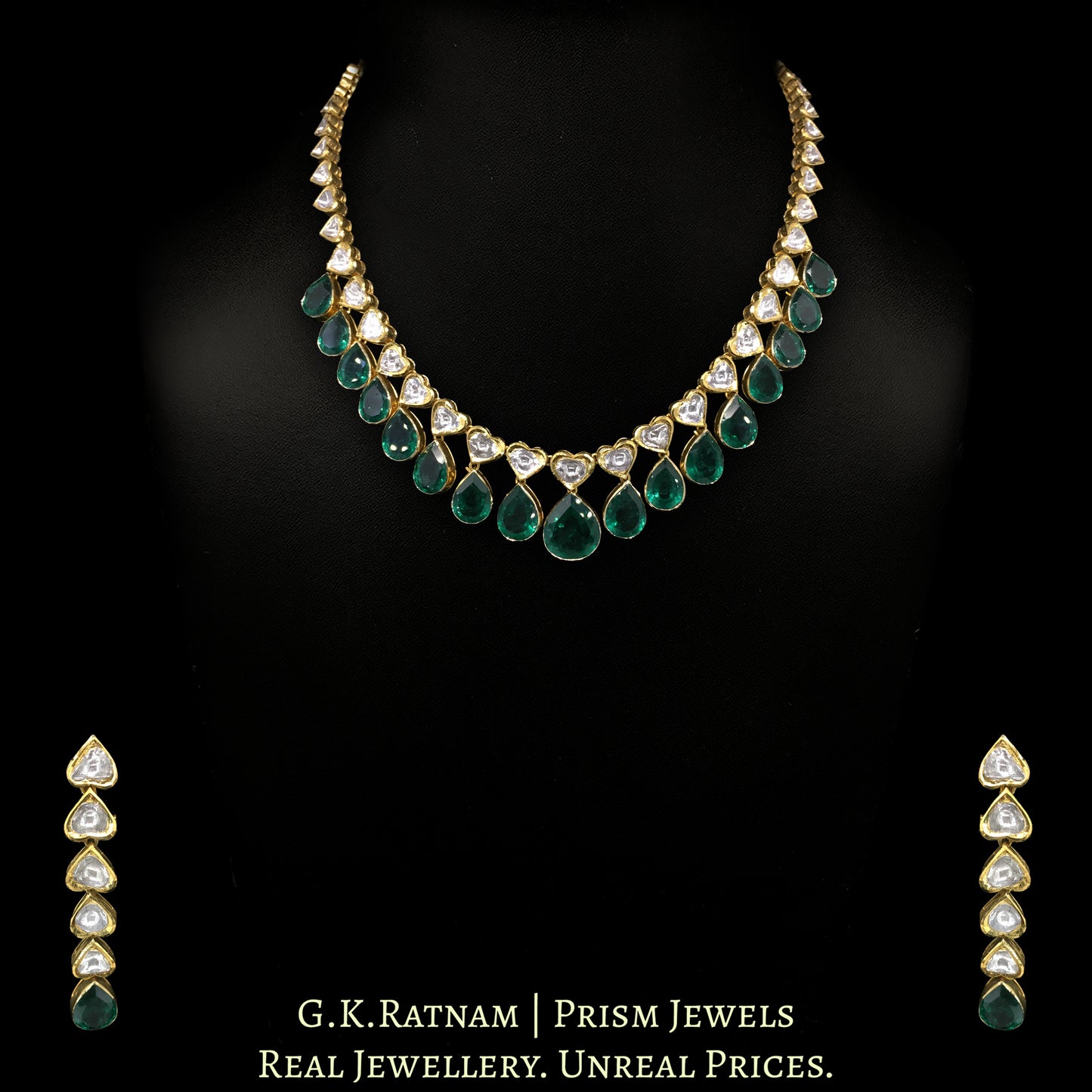 18k Gold and Diamond Polki single-line Necklace Set with Lab Grown Emerald hangings
