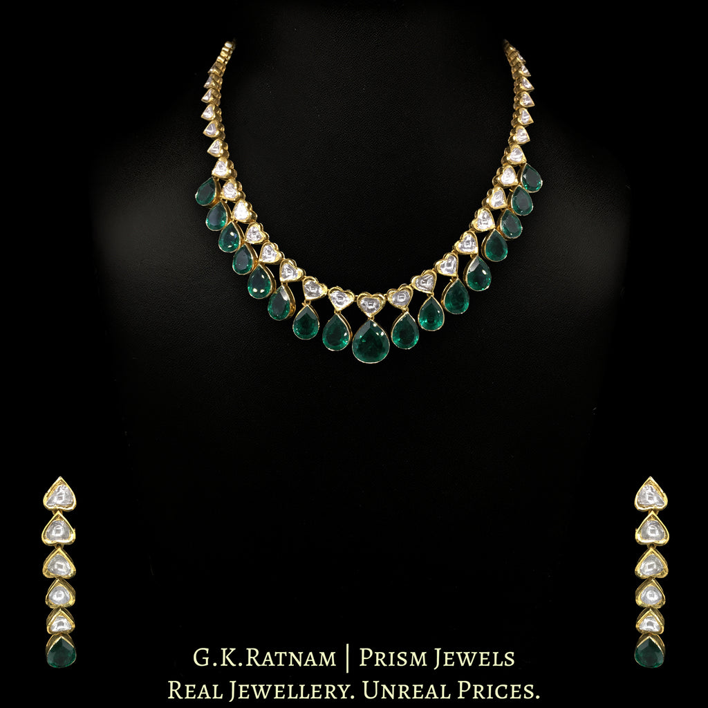 18k Gold and Diamond Polki single-line Necklace Set with Lab Grown Emerald hangings